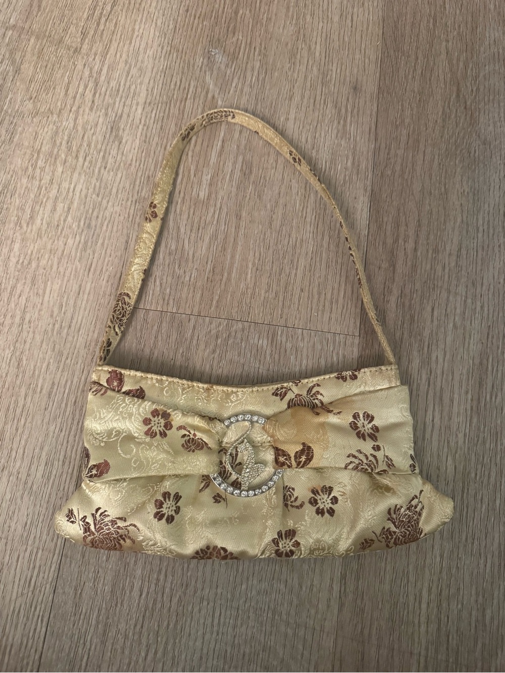 VTG Y2K Baby Phat Shoulder Bag Gold Brocade Satin Floral Bow Rhinestone Cat Logo